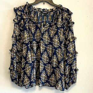 EXPRESS Women's Navy Blue Yellow & White Floral Print Peasant Top Sheer